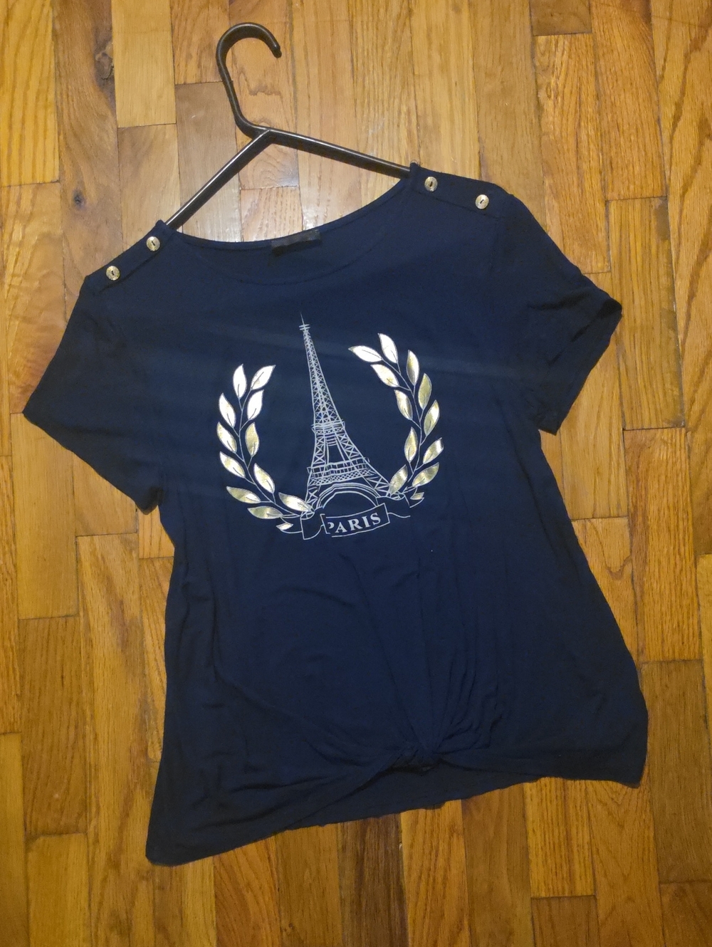 Navy Short Sleeve Paris Graphic Tee with Gold Accent Buttons